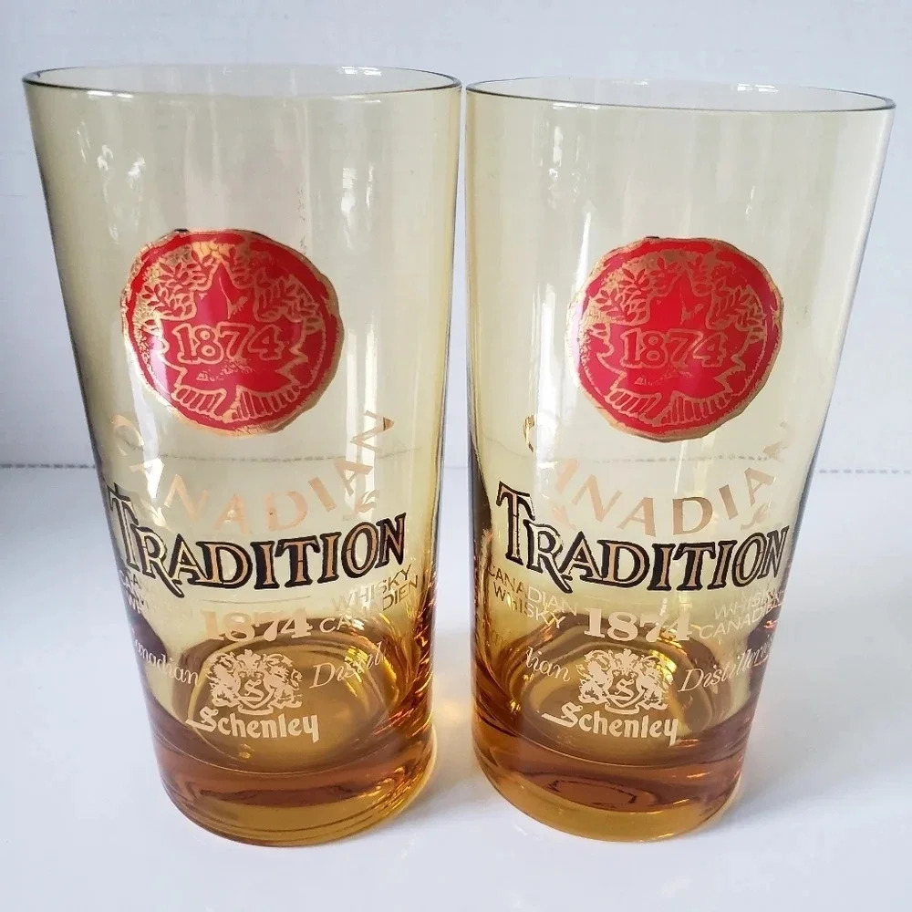 Vintage Schenley Canadian Tradition Whiskey set of 2  Amber Glasses.